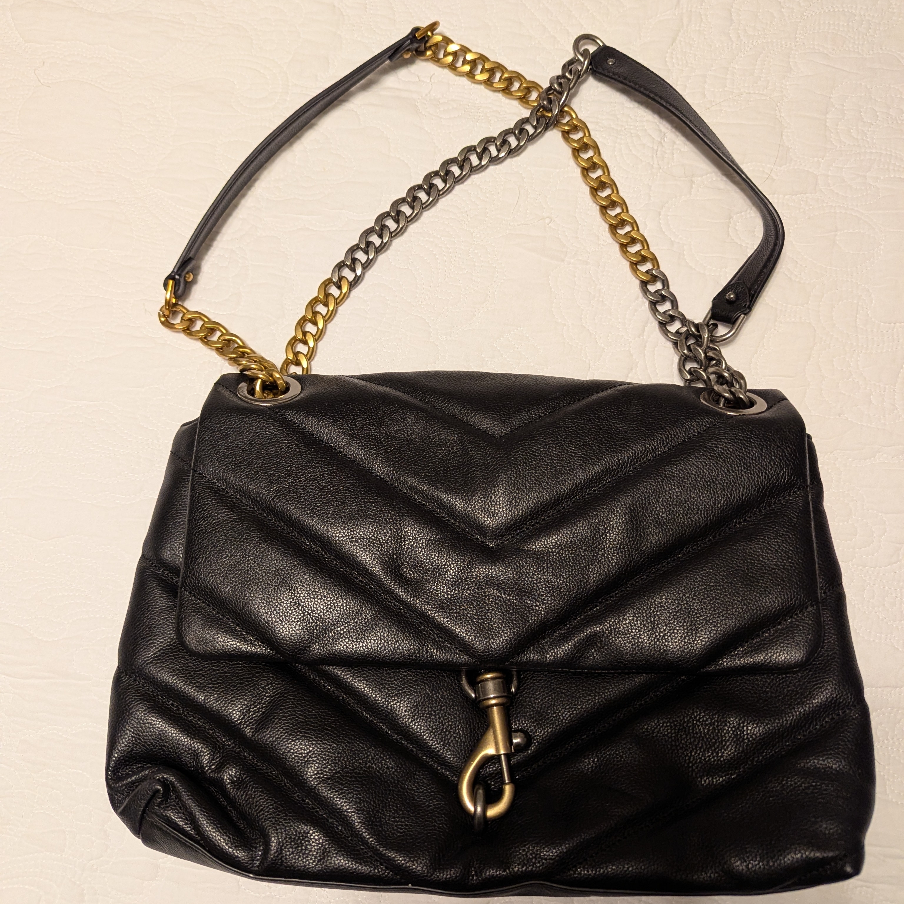 Rebecca Minkoff Edie Black Leather Chevron Shoulder Bag - Gold And Silver Chains